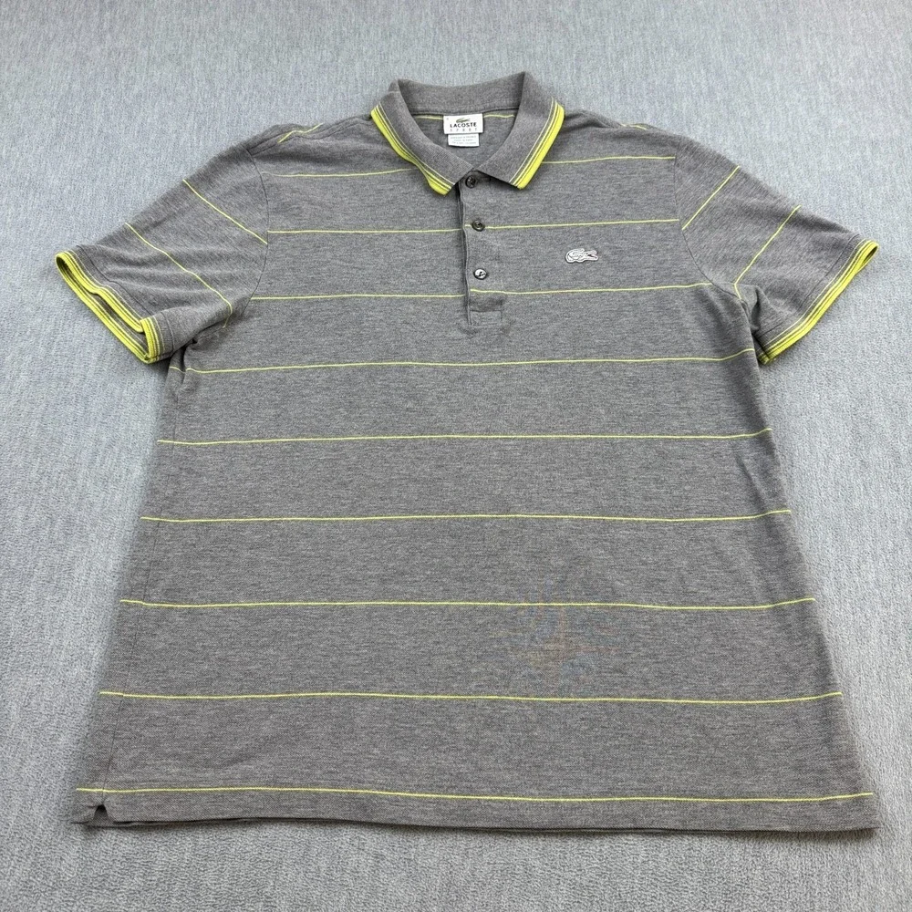 Lacoste Sport Shirt‎ Men 6 XL Gray Striped Polo Short Sleeve Golf Performance